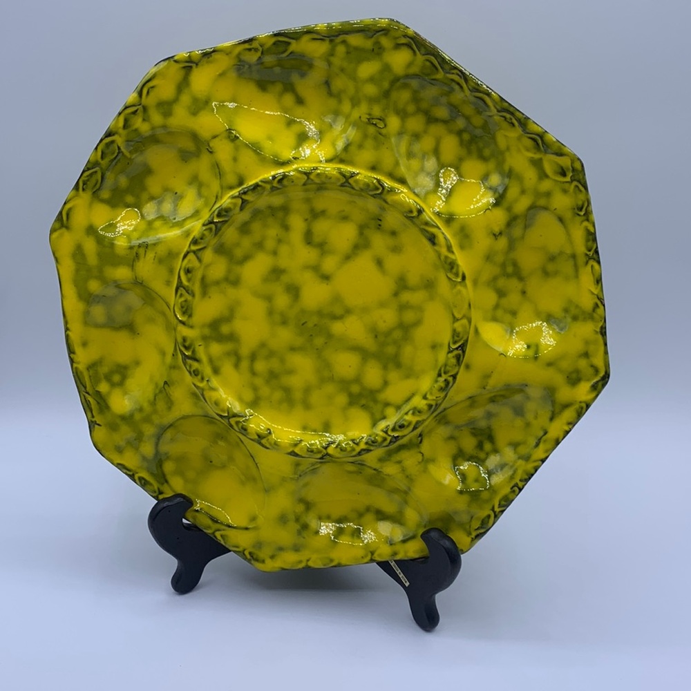Vintage Italian Yellow Green Lava Glaze Pottery Deviled Eggs Serving Platter